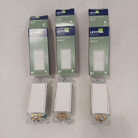 3 SWITCHES Leviton Decora 15 AMP Single 15A-120/277V AC/CA Used Good Works - Picture 2 of 11